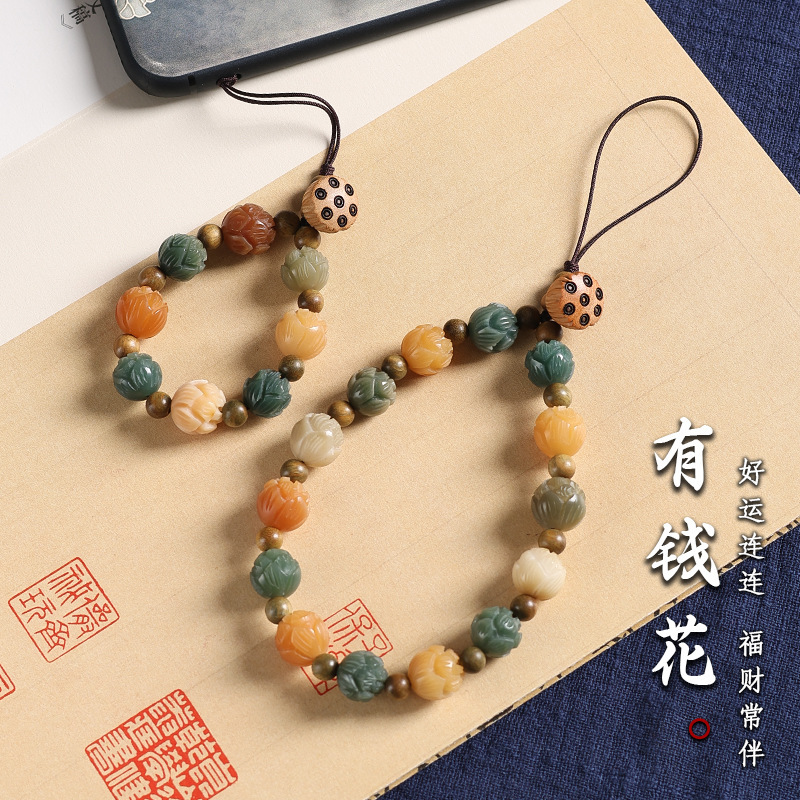 Lucid and rich lotus beads bodhi root olive bamboo mobile phone chain pendant female mobile phone rope anti-lost pendant wholesale