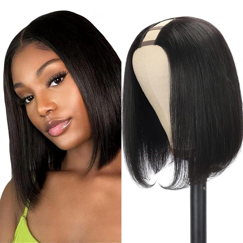Xuchang foreign trade European and American fashion wig women's black short straight hair U-shaped elastic half head wig factory outlet