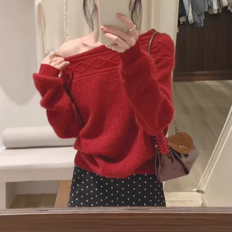 Red Cable-Knit Off-Shoulder Pullover Thick Sweater for Women, Spring Christmas Outfit, Loose Knit Top for Layering