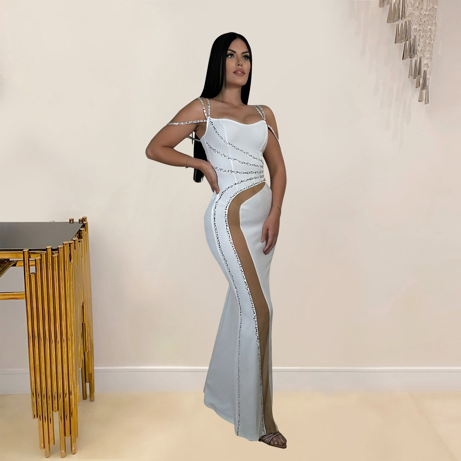 C7027 Cross-border AliExpress Amazon Estación independiente Moda europea y americana Vestido de malla de color sólido de diamantes calientes para mujer Nuevo image 5