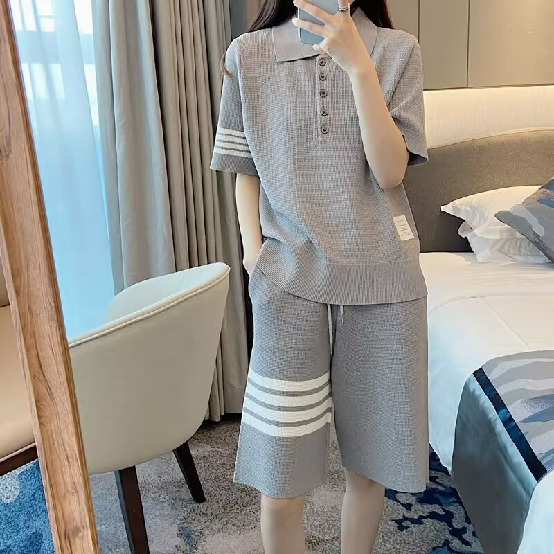 Waffle Casual Sports Suit for Women 2026 Summer New Style Polo Lapel Short-Sleeved Loose-Fitting Five-Quarter Pants Two-Piece Set