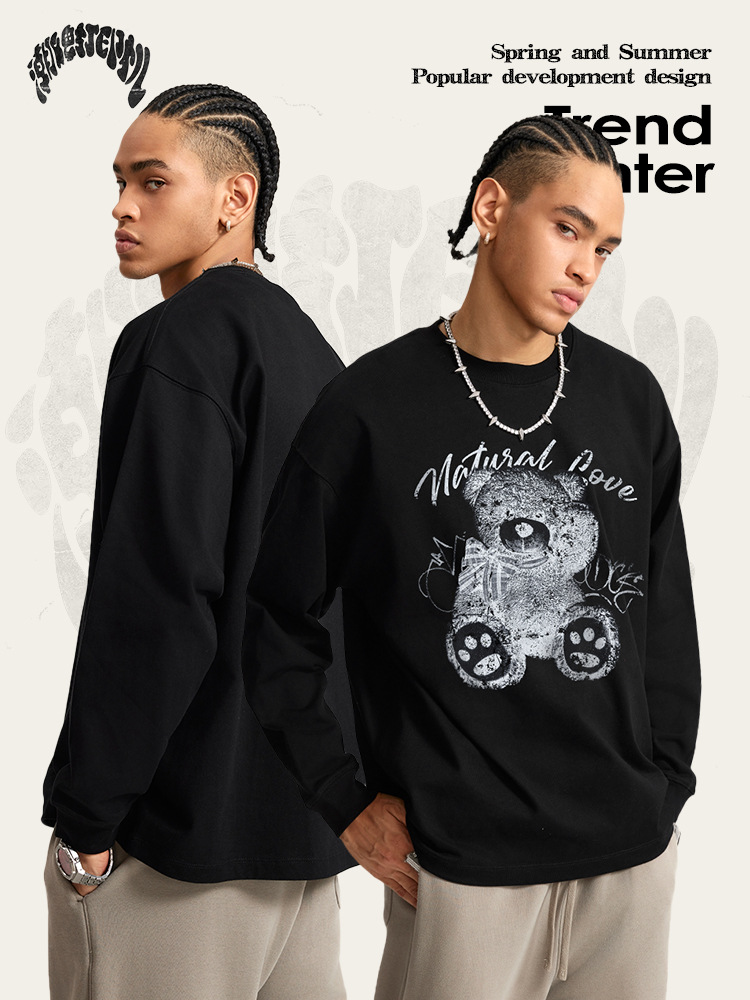 2025 otoño marca de moda americana delgada neutra impresión de rayos X impresión de oso lavado camiseta de manga larga hombre