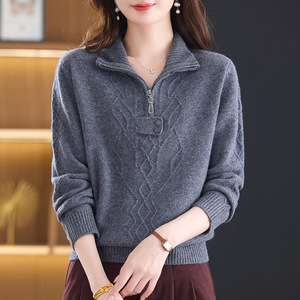 25年秋冬新款羊毛衫女翻领拉链绞花时尚毛衣宽松100%羊毛针织衫，女装针织衫/毛衣，妃慕昵服饰