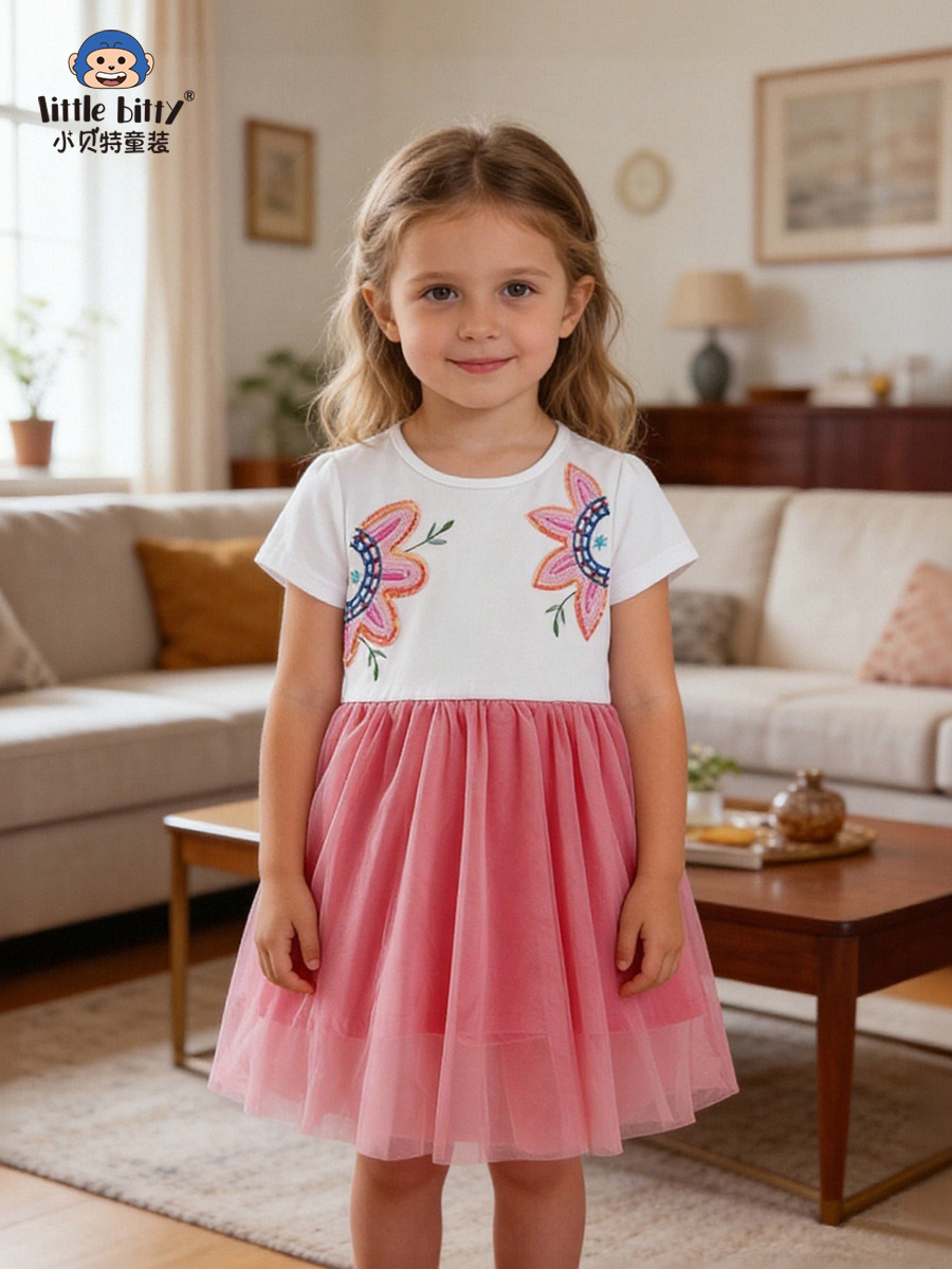 2026 Spring/Summer New Children's Clothing Girls' Mesh Dress with Floral Sequins for Young Girls European and American Style Dress