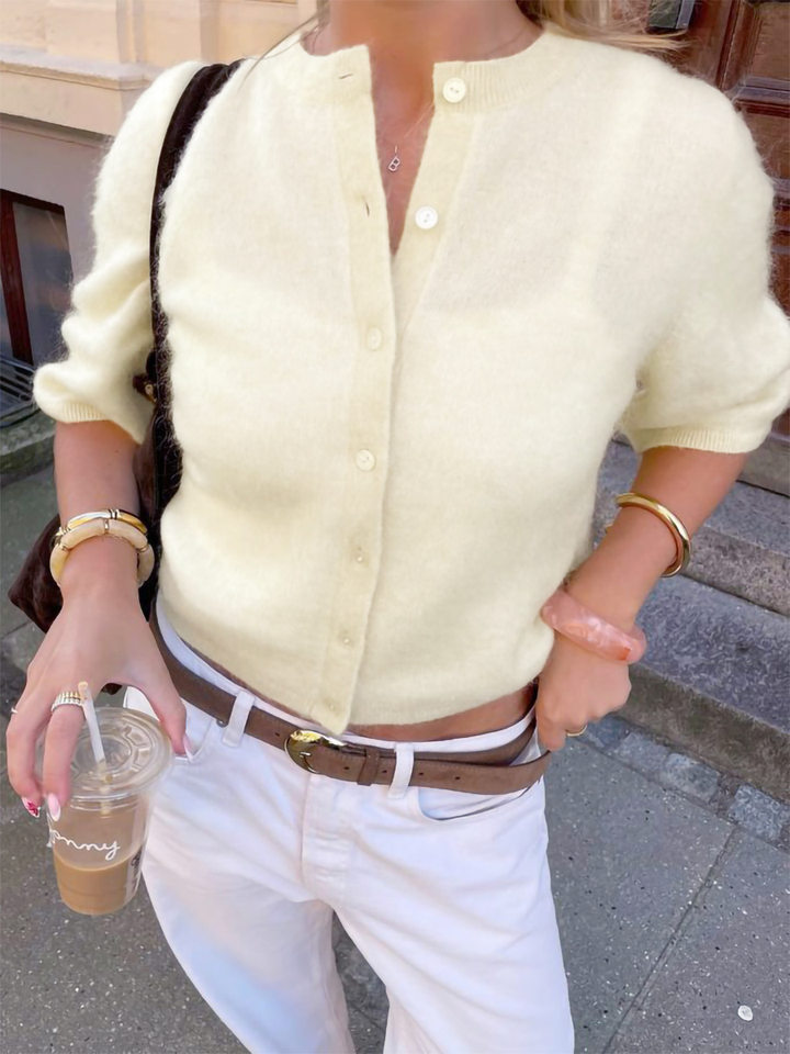 Áo khoác cardigan len nữ cổ tròn dài tay cài một hàng cúc phong cách retro thanh lịch — Màu trắng, Màu xám đậm, Xanh da trời, Xanh lá cây chi tiết 12