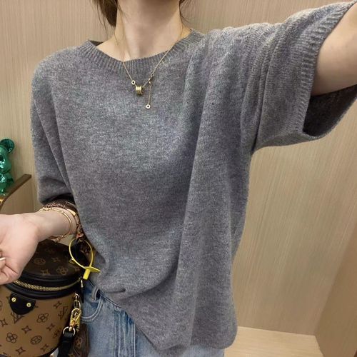 High-end Round Neck Thin Knit Basic Top Summer New Arrival Trendy Hot Selling European Style Pink Short Sleeve T-shirt for Women