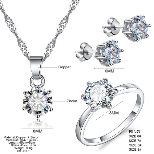 European and American cross-border minimalist claw set diamond necklace for women, elegant and versatile necklace earring wedding ring set