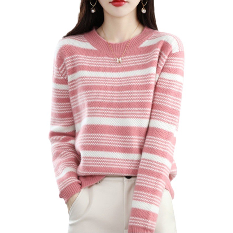 Otoño e invierno nuevo jersey suéter suave de las mujeres del todo-fósforo de las mujeres sueltas cuello redondo contraste color rayas suéter bottoming top