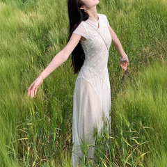 Ice Silkworm 白いレースのドレス女性の夏の美しい新しい中国風の改良されたチャイナドレスチュールロングスカート