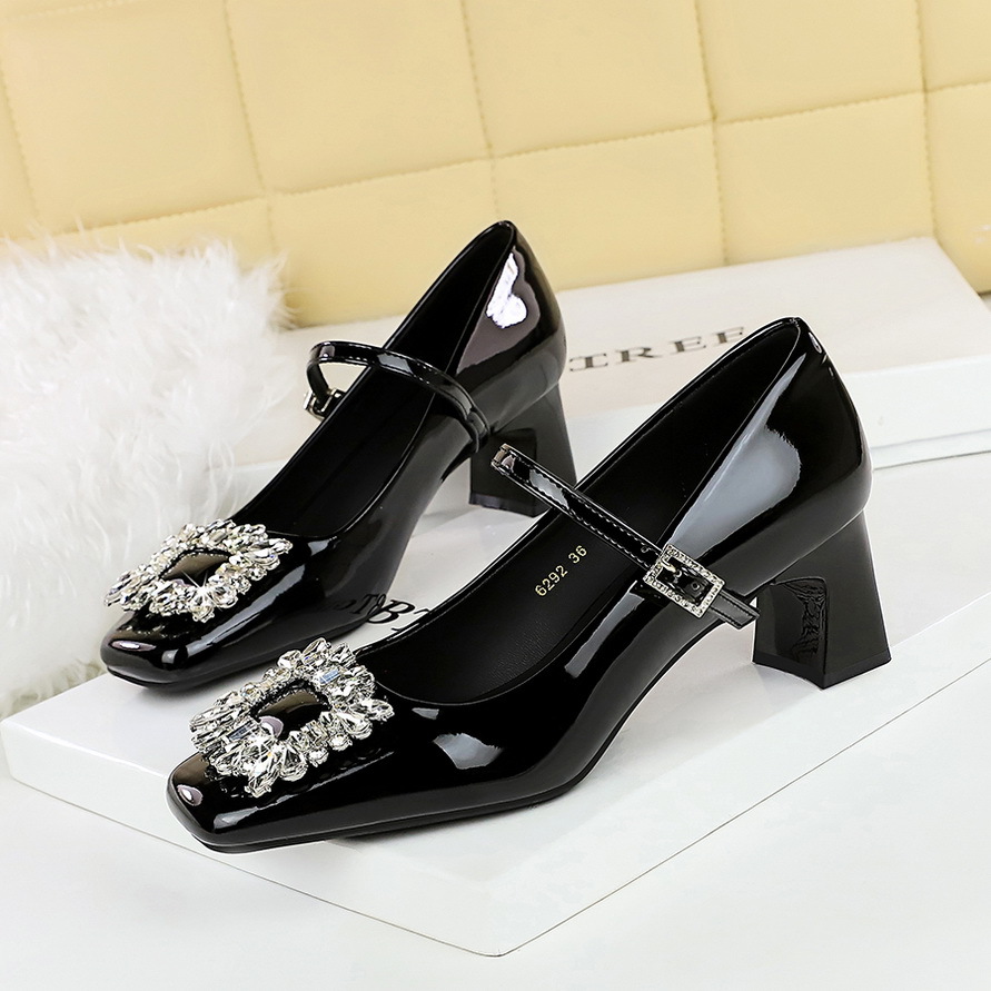 6292-K90 European And American Style Mary Jane For Women, Chunky Heel, Shallow Square Toe, Shiny Patent Leather,_vogvips.com