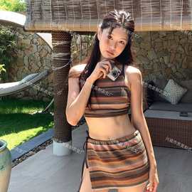泳衣ins风女遮肉显瘦分体条纹比基尼小胸纯欲游泳衣女高级感泳装