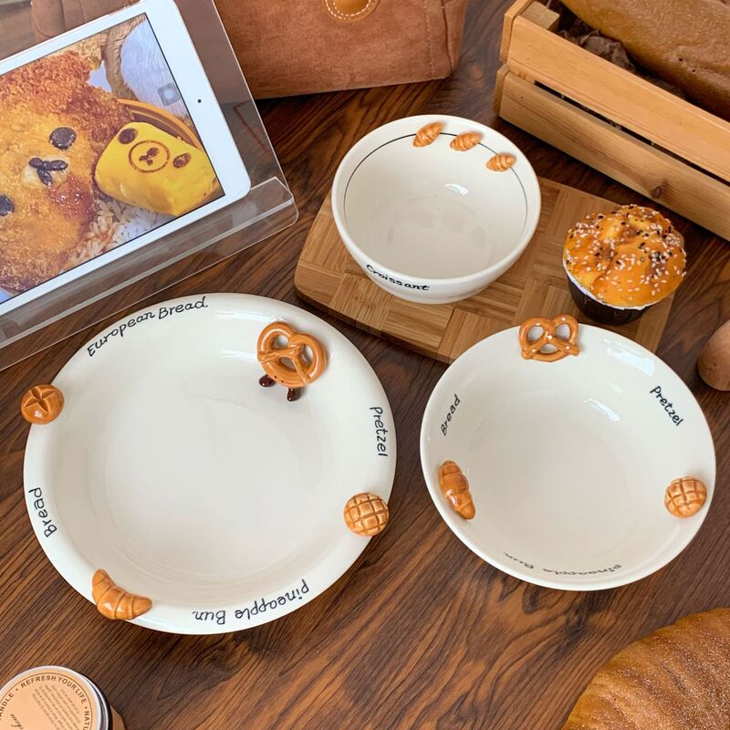Embossed Alkaline Buffalo Corner Ceramic Bowl Household High Color Value Tableware Cute Rice Bowl Dessert Bowl Pastry Pancake Plate