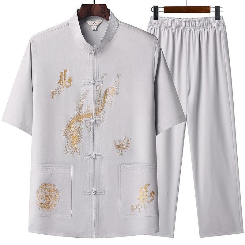 中高年唐装メンズ中国風夏半袖スーツおじいちゃん服太極拳漢服高齢者服お父さん夏服