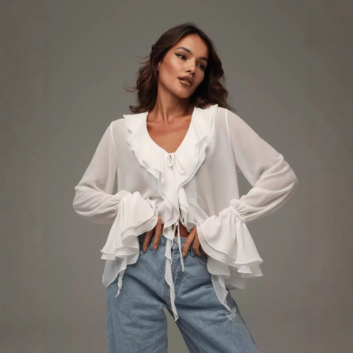 Springtime European and American-style women's fashion: Versatile V-neck long-sleeve ruffle-trimmed lace-up blouse