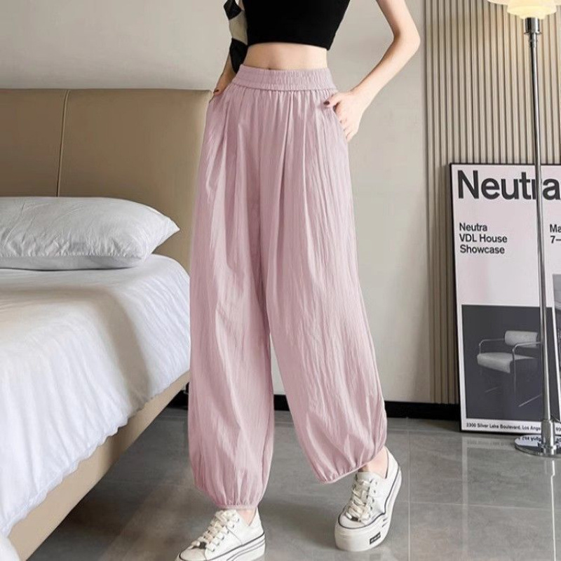 Customizable Embroidered and Printed Ice Silk Sports Pants for Women, Summer Thin Style, High-Waisted, Slimming, Loose Fit Customizable Embroidered and Printed Ice Silk Sports Pants for Women, Summer Thin Style, High-Waisted, Slimming, Loose Fit