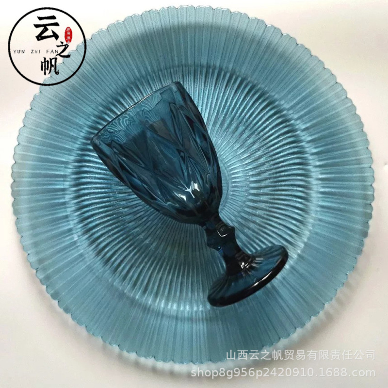 Sea Blue Glass Plate Cold Food Plate Round Glass Dessert Plate Breakfast Plate Breakfast Bowl Blue Embossed Goblet