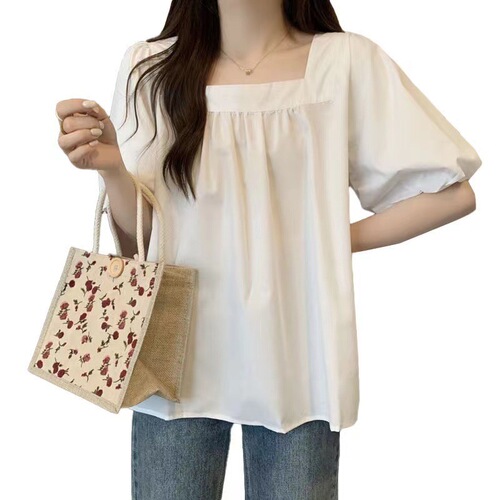 Green Collared Puff Sleeve Blouse for Women - Summer Short Sleeve Loose Plus Size Babydoll Shirt with Design Sense French Top