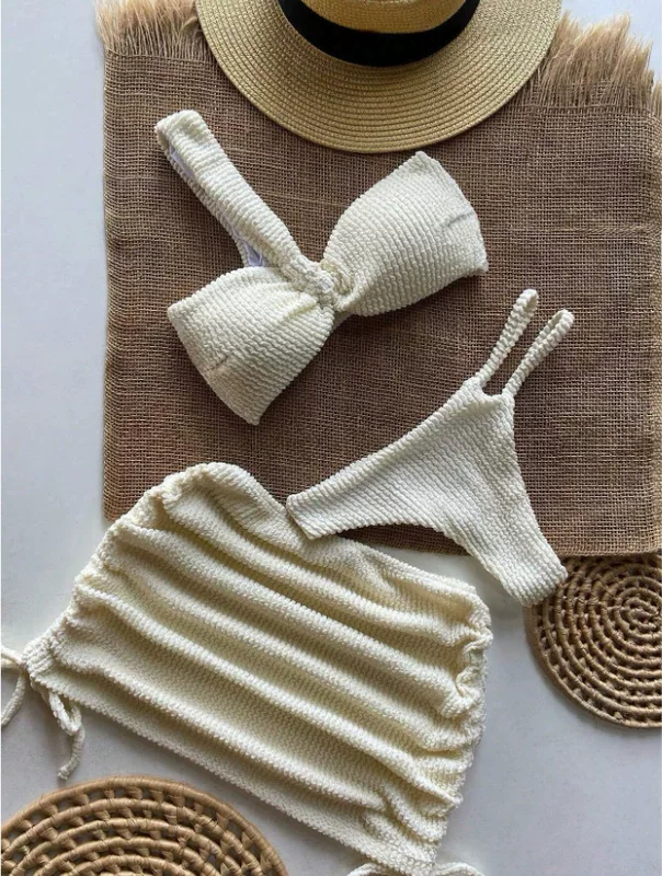 3-Piece Women's Swimwear Set, split textured design, beige/orange, S–XL