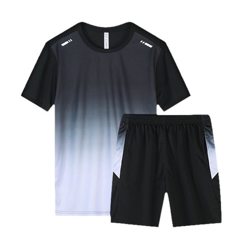 Verano nuevo estilo de seda de hielo pantalones cortos de secado rápido traje deportivo para correr fitness masculino de dos piezas degradado teñido de manga corta camiseta