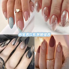 欧美热销款美甲24片杏仁型合集温柔气质散粉线条长款穿戴甲片批发