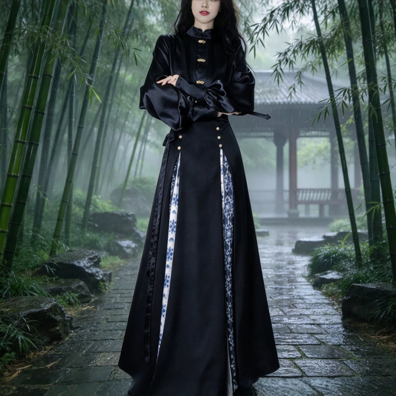 Tang Qi'an's original Hanfu daily commute Chinese-style stand-collar set, improved two-piece black women's outfit in traditional Chinese style Tang Qi'an's original Hanfu daily commute Chinese-style stand-collar set, improved two-piece black women's outfit in traditional Chinese style