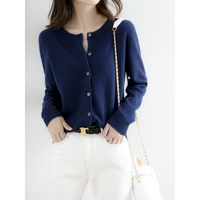 Clearance 25 Solid Color Wool Cardigan Women's Round Neck Cashmere Sweater Knitted Base Shirt Jacket Navy Blue