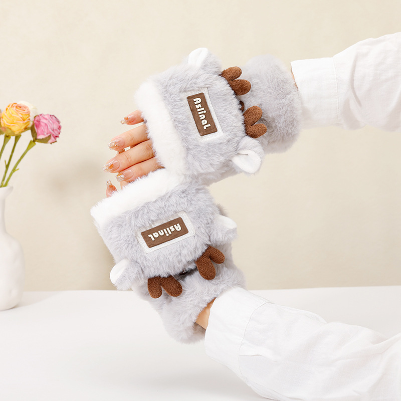 拼色圣诞鹿半指翻盖手套女冬天保暖防冻加绒加厚可爱学生写字骑车