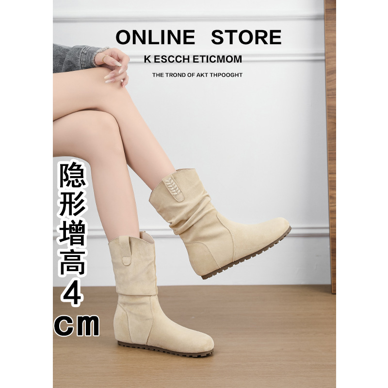 复古内增高短靴女2025新款秋季百搭显瘦平底堆堆靴绒面磨砂时装靴|undefined