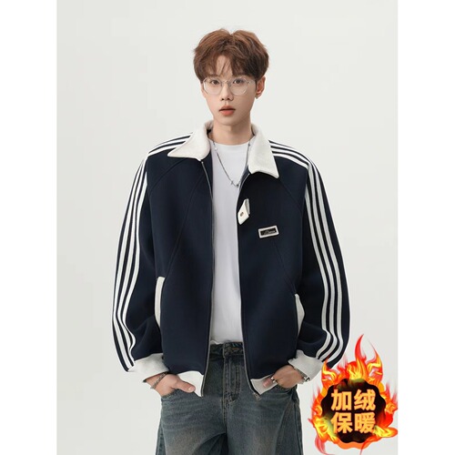 Three-bar stand-neck jacket for men and women's autumn and winter velvet loose preppy style baseball uniform casual sports sweater coat