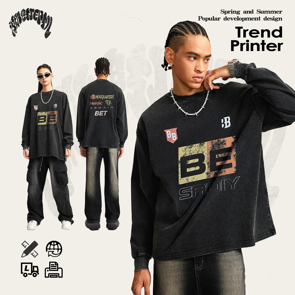 Impresora de marcas| 2025 primavera y otoño adolescentes algodón suelto elemento de carreras americano lavado camiseta de manga larga moda masculina