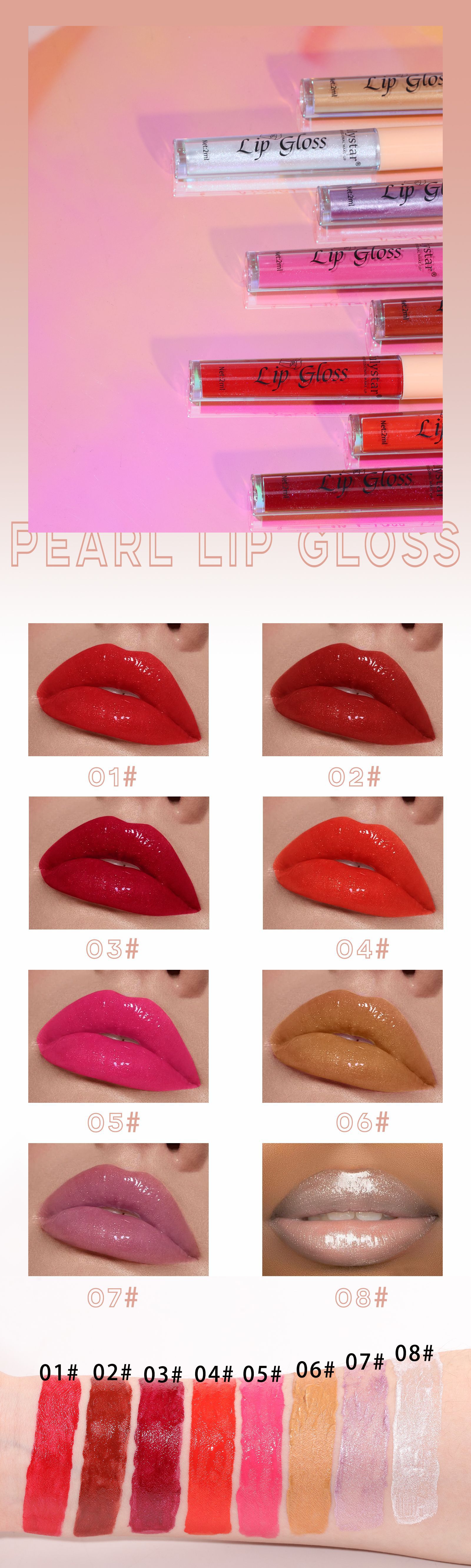 Cross-border makeup lip gloss 8-color pearlescent lip gloss, European and American lip and cheek dual-purpose lipstick, easy-to-apply lip gloss Item Picture
