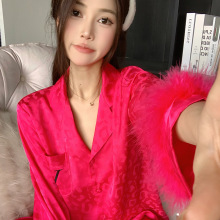 毛毛豹纹睡衣女春夏季冰丝长袖套装可外穿法式轻奢丝绸家居服