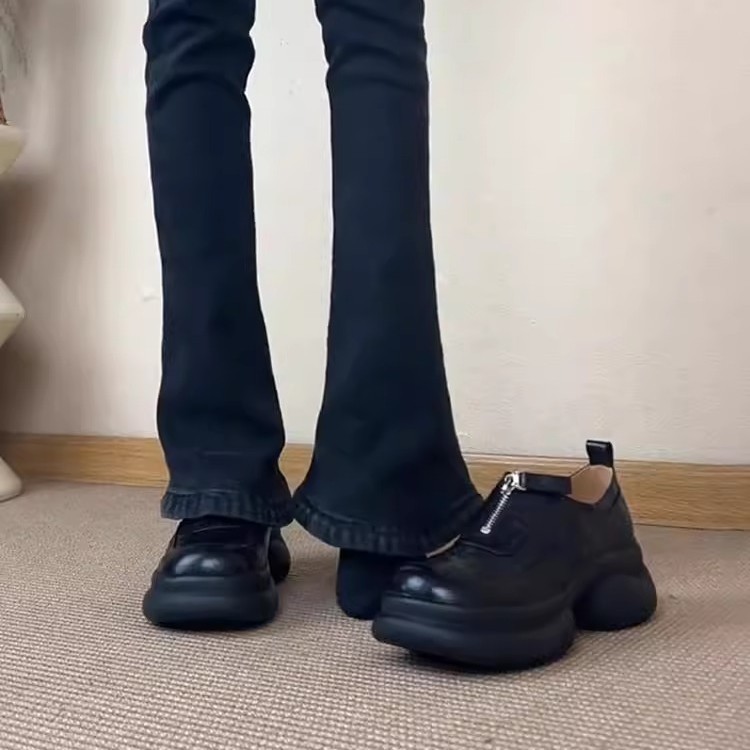 羊皮版~厚底内增高松糕底乐福鞋女一脚蹬圆头复古小皮鞋百搭单鞋