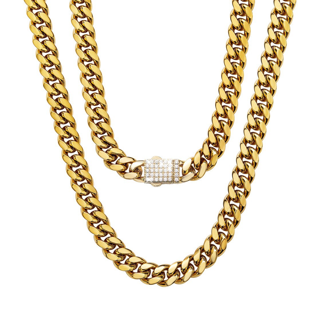 Spot One Piece Dropshipping Men's Gold Cuban Necklace White Zircon Micro Inlaid Lock Encryption Chain 6mm 14mm_voghion.com