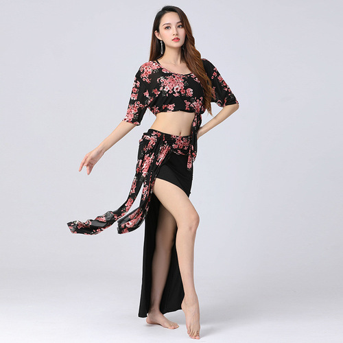 Summer Belly Dance Practice Suit New Style Bat Sleeve Slimming Large Size Floral Practice Performance Dress