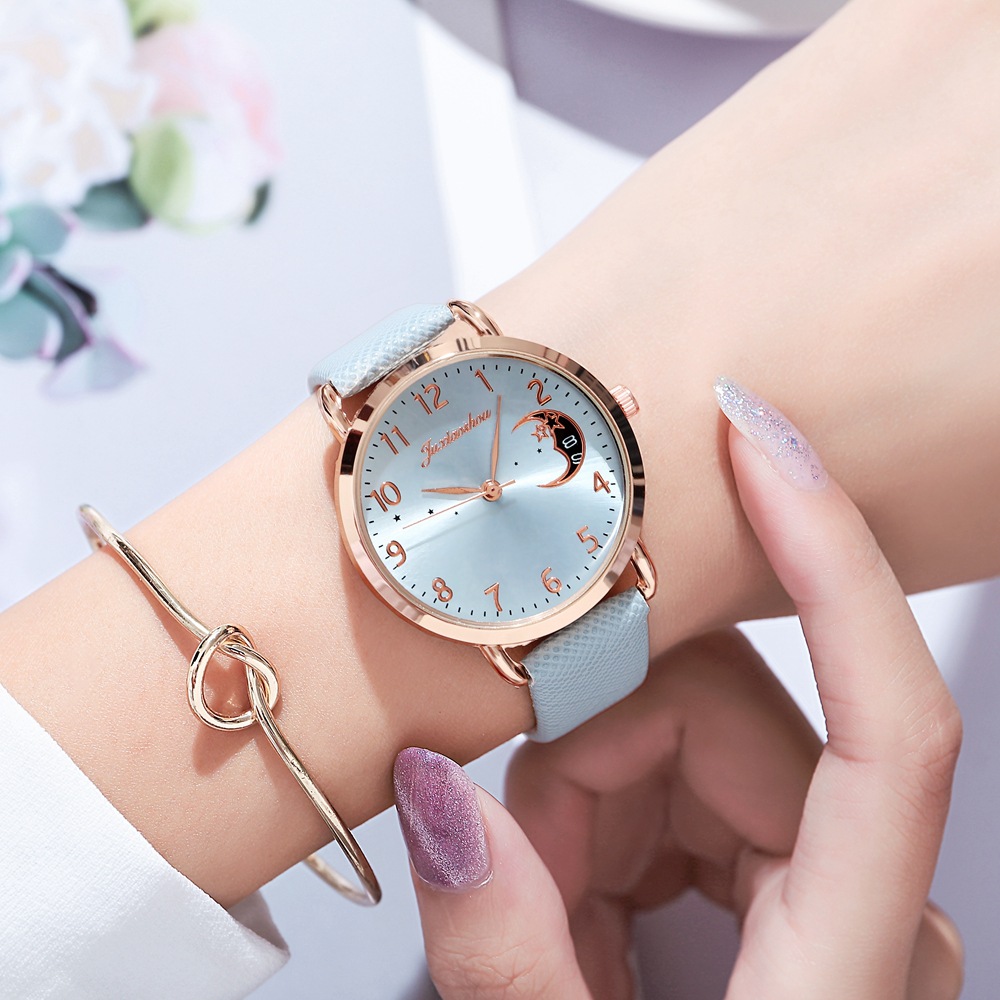 Orologio da studente in oro rosa con cinturino minimalista da donna con motivo stella lunare, nuovo prodotto caldo e alla moda 2024_voghion.com