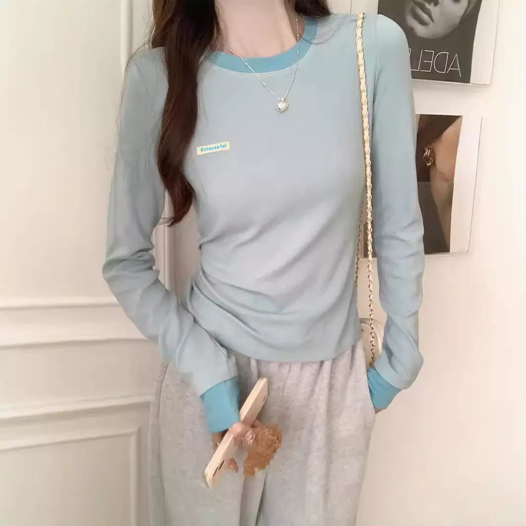 2025早秋圆领撞色长袖T恤女新款假两件修身显瘦内搭打底衫上衣潮