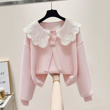 女童卫衣长袖春季潮拼接假两件2025洋气新款娃娃领女娃蕾丝多巴胺