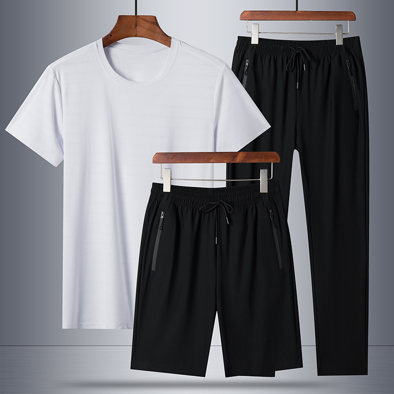Trajes deportivos transfronterizos de color sólido para hombres verano nuevo gran tamaño de hielo pantalones cortos de secado rápido de tres piezas de comercio exterior pantalones rectos