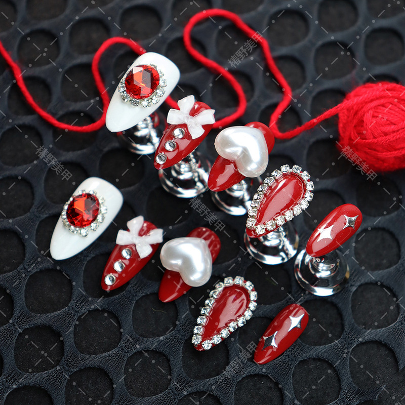 Popular Handmade Premium Wearable Nails with Sun Red Diamonds, Bowknots, Hearts, Valentine's Day, New Year, Detachable Nail Stickers