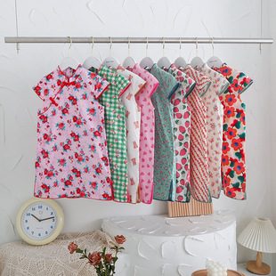 Girls Floral Dress 2025 Season New Contrast Color Slit Ancient Style Cheongsam 1-7 Years Old Children Han Dynasty Wholesale