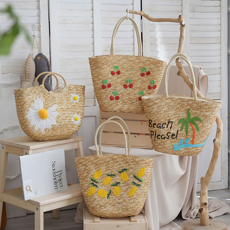 2025 New Woven Bag Summer Wheat Straw Woven Bag Hand Embroidered Coconut Tree Daisy Versatile Women's Bag