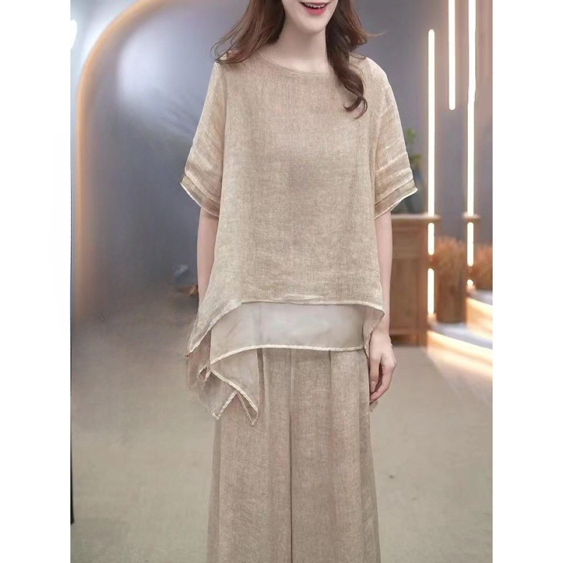 Classic Tencel Cotton-Linen Set for Women, New Summer Ethnic Style, Youthful and Fashionable Wide-Leg Pants, Casual Two-Piece Trend