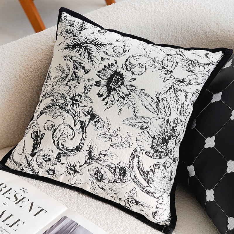 Almohada en blanco y negro de lujo ligero y de alta gama Almohada de la Edad Media francesa Bordado Cama simple Sala de estar Sofá Funda de almohada con núcleo