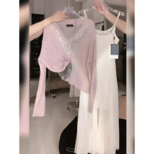 秋冬女装感小个子超好看粉色针织毛衣白色连衣裙子小香风套装