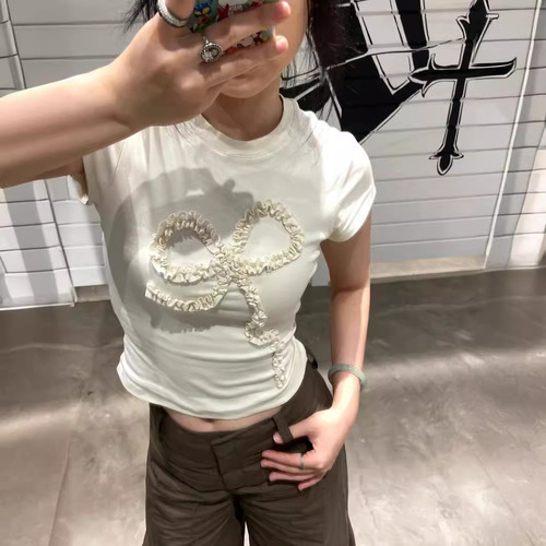 【210g 40 pieces pure cotton】pleated bow element short-sleeved round neck regular shoulder women's T-shirt for daily wear