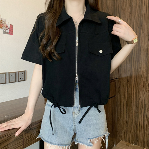 Polo-collared double zipper work-style short-sleeve shirt summer women's American short-length turnover collar jacket top