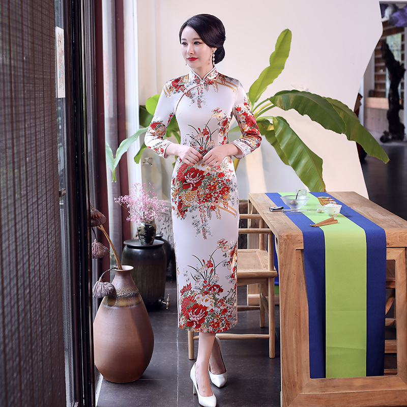 New Autumn and Winter Style Improved Long Cheongsam Plus-Size Women's Clothing for Middle-Aged and Elderly Women, Performance and Banquet Dresses Wholesale