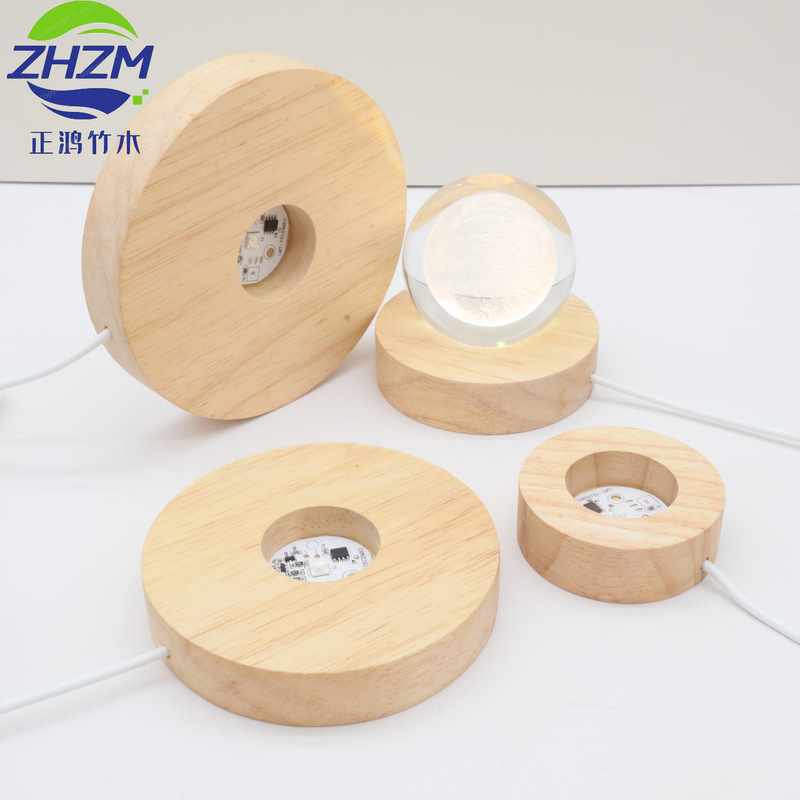 Manufacturer Supplies Rubber Wood Led Lamp Crystal Base USB Interface Wooden Ornament Night Light Round Lamp Holder in Stock