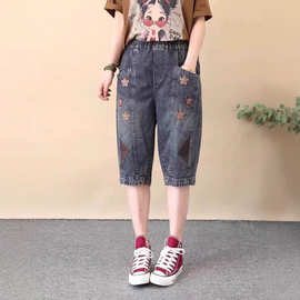 复古民族风小绣花刺绣牛仔百搭女宽松大码爱心绣花五分中裤薄款